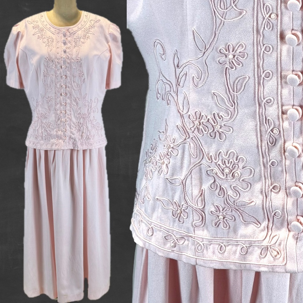 VINTAGE 80s pastel‎ pink long maxi dress short sleeve button bodice embroidered